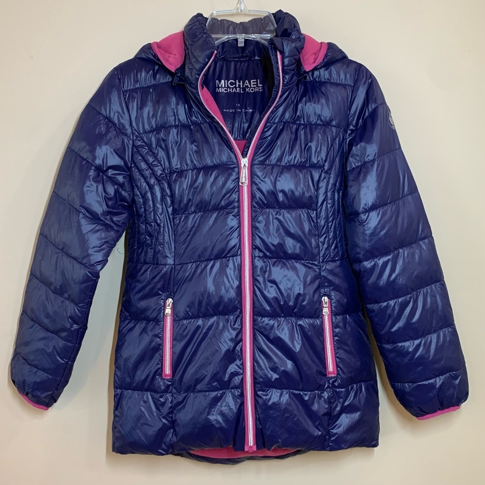 ☃️Sale! 🎉Michael Kors Girls Navy Puffer, Raspberry Trim Removable Hood 14 EUC